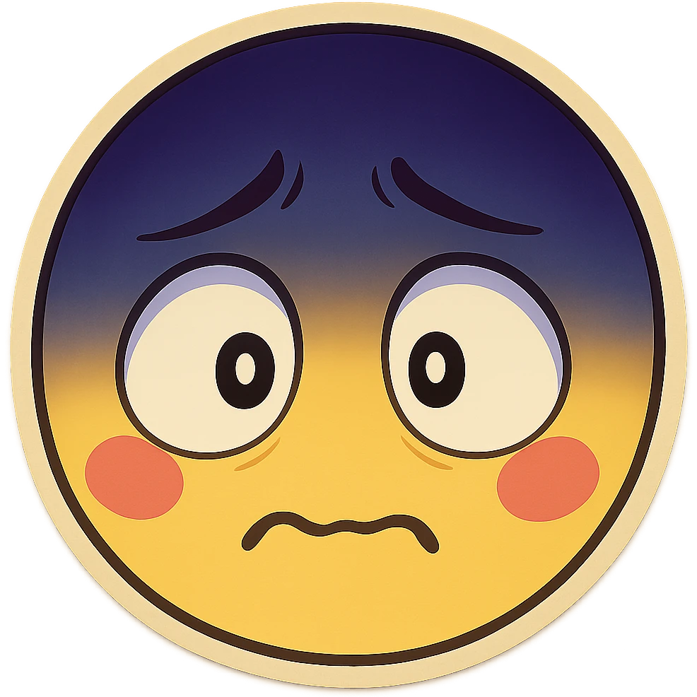 Make the shadow on the upper half much more dramatic and intense, with deep dark blue and purple tones in anime style. Make the face look even more depressed, paranoid, and shadowy, with a trembling frown and wide blank eyes. Keep it minimal, colorful, and emoji-like, no realism or horror. emoji