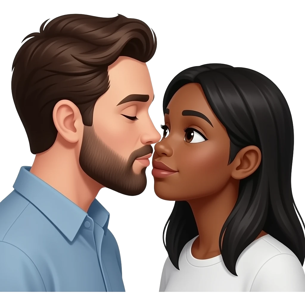 White man with dark brown hair and beard kissing a black woman emoji