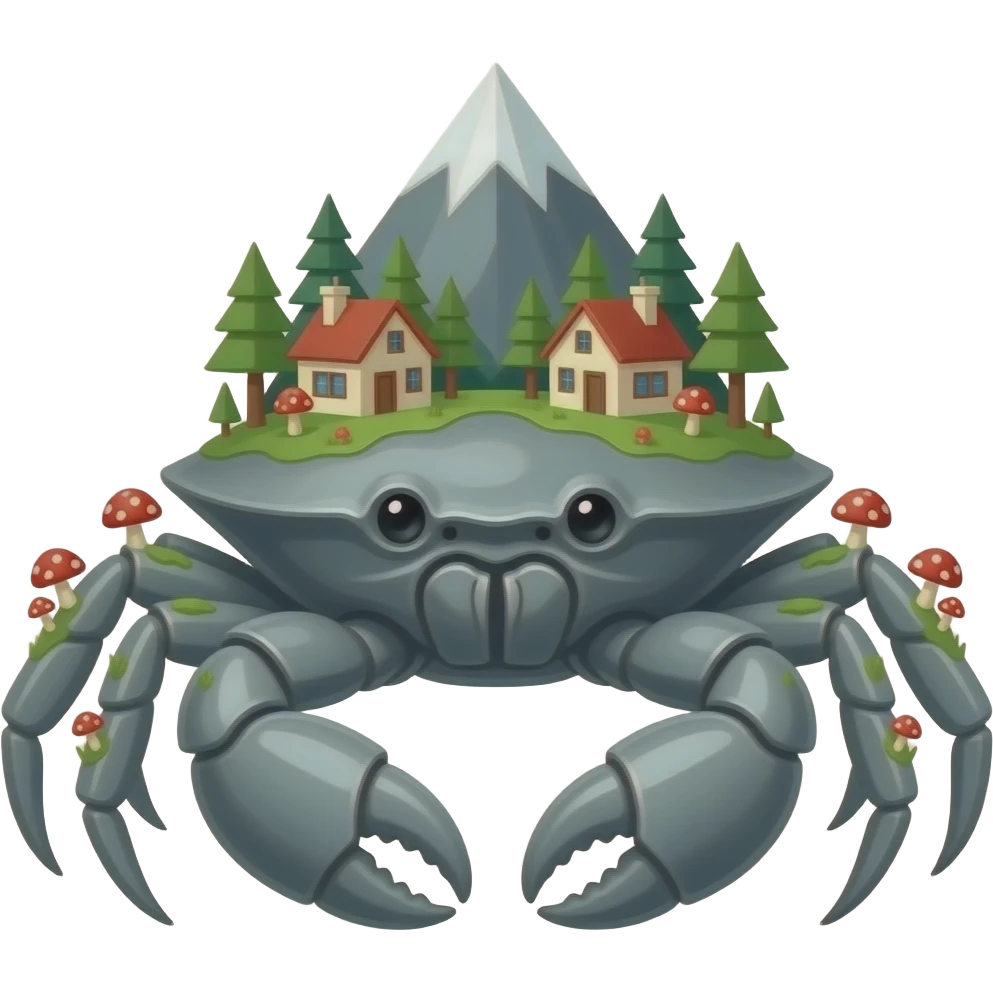 A Gray crab with houses on top of its  in trees on it and also with mushrooms on it  facing forward Giant by a mountain emoji