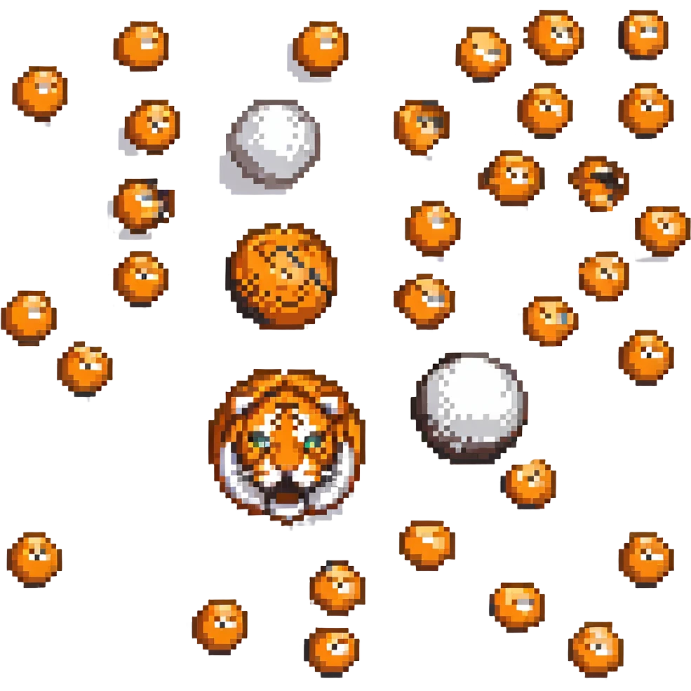 pixel art version of tiger balls, orange and black, retro video game style emoji