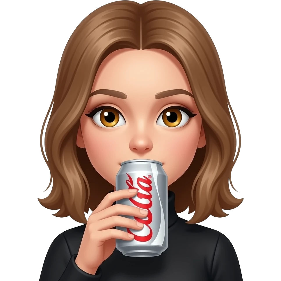 girl, light brown hair parted in the middle, amber eyes, dark eye makeup, wearing black turtle neck, drinking a DIET COKE in the silver can emoji