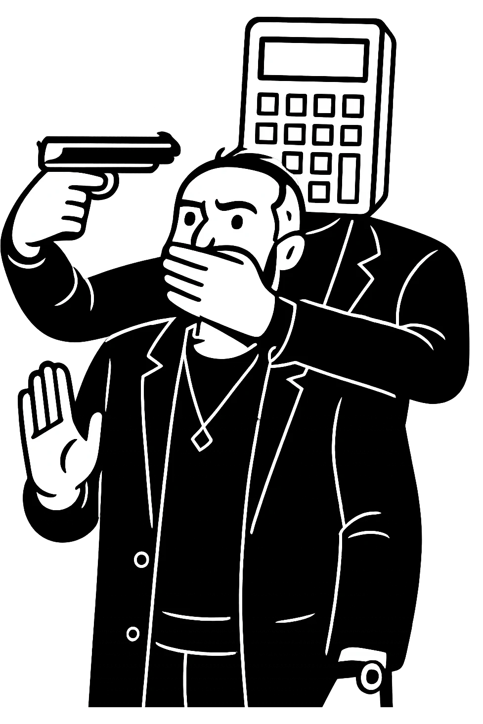 Используя такую стилистику и точно такого же героя, сгенерируй картинку. На ней позади героя стоит фигура, у которой вместо головы калькулятор, она приставила к виску героя пистолет, а другой рукой закрывает рот героя, прозрачный фон emoji