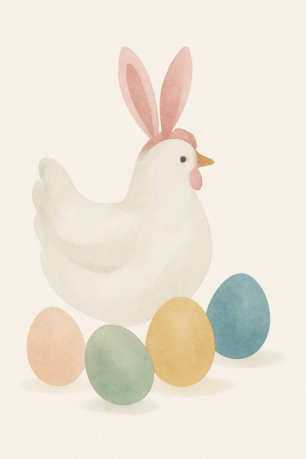 a white hen with pink bunny ears and colourful eggs, soft watercolor art style emoji