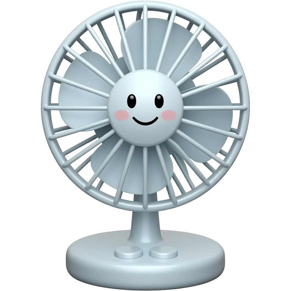A cute table fan emoji, small electric desk fan with round blades, smiling face, soft pastel colors, minimal design, clean background, emoji style emoji