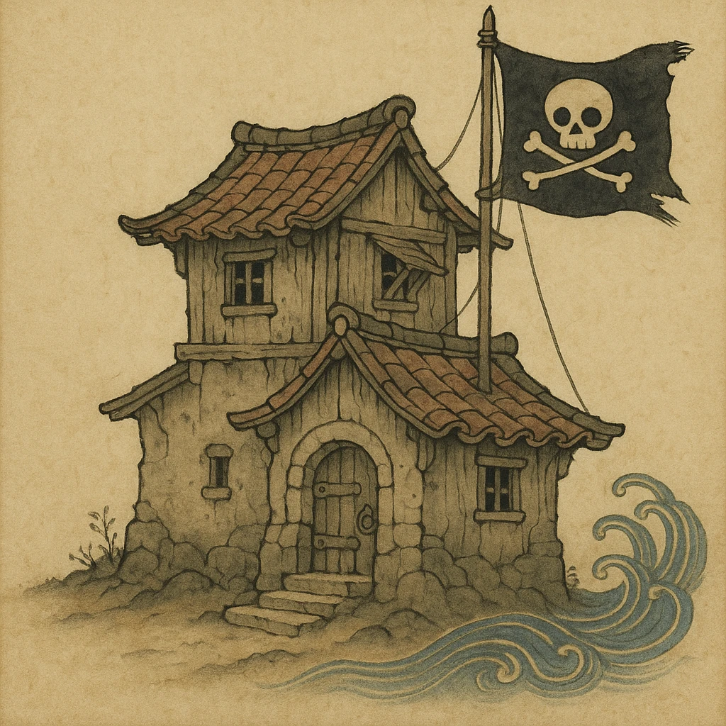 old pirate's house with skull flag emoji