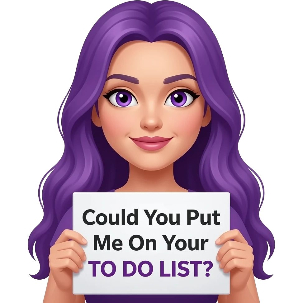 sexy girl with long purple hair and purple eyes holding a Could You Put Me On Your TO DO LIST? sign emoji