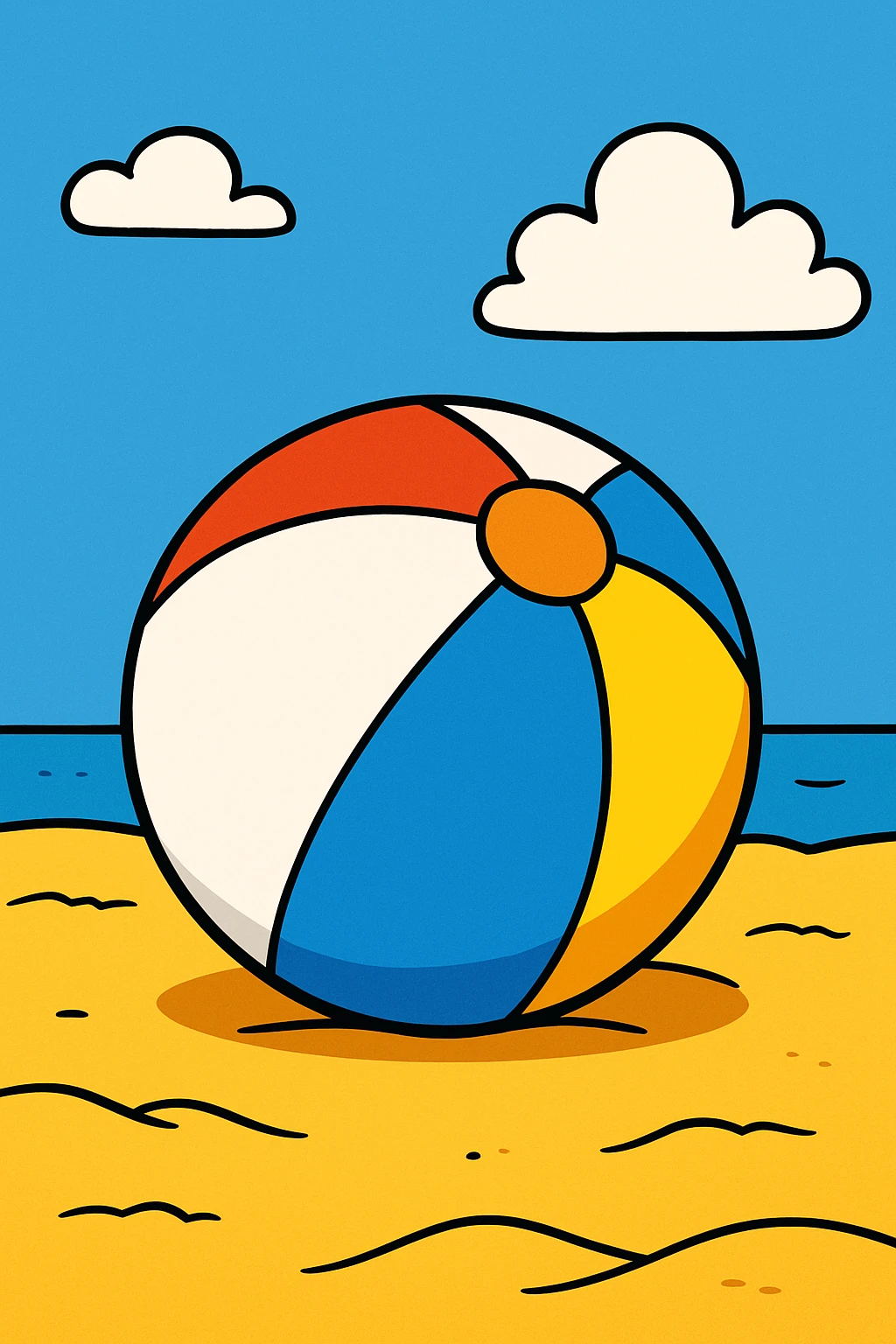 beach ball on sand, blue sky background, cartoon style emoji