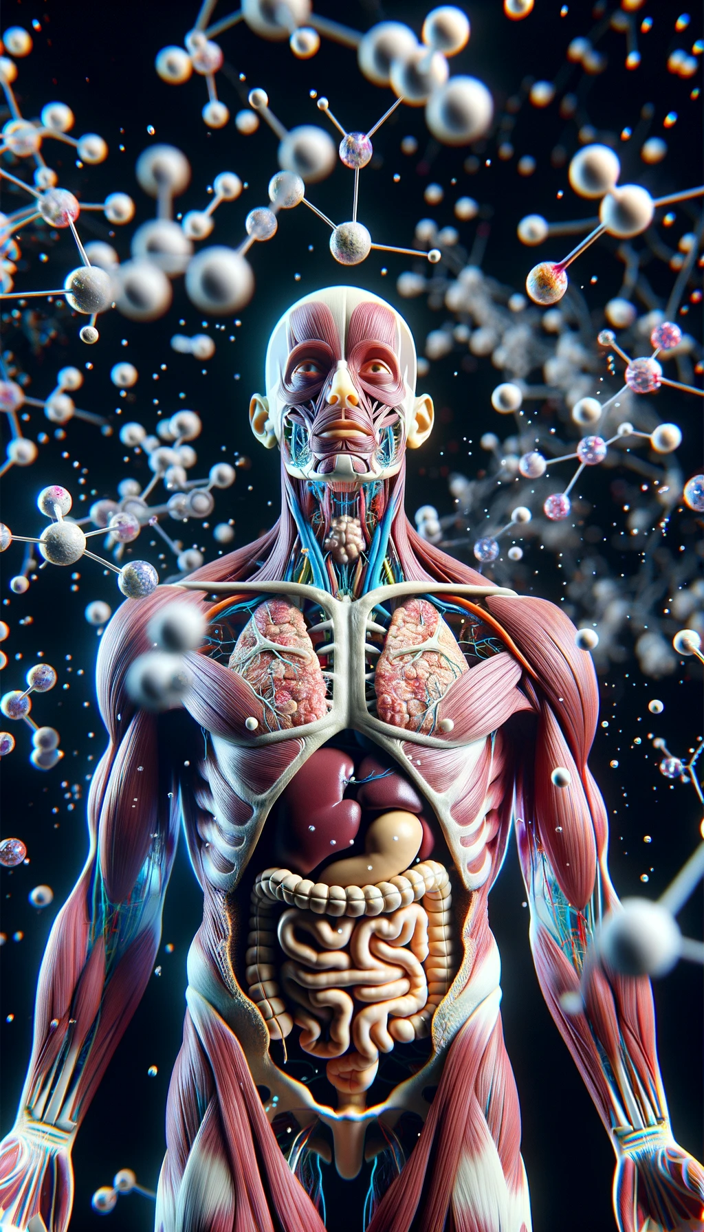 corpo umano anatomico circondato da molecole di dopamina che fluttuano in aria, iperrealistico 4k emoji