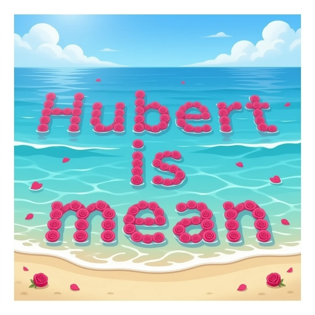 A beach with rose petals in the water spelling out “Hubert is mean” emoji