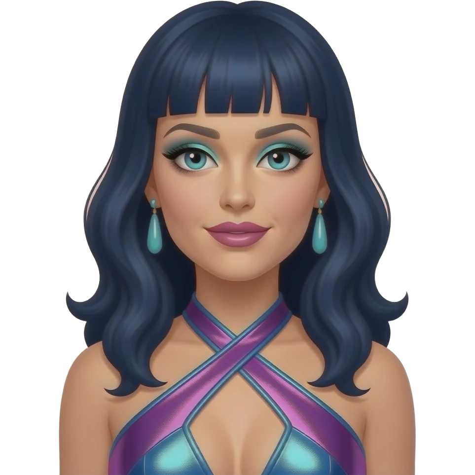 Katy Perry with Teal eyes, long dark indigo hair, cyan eyeshadow, hot lipstick, purple, blue and pink metallic halter dress, cyan earrings emoji