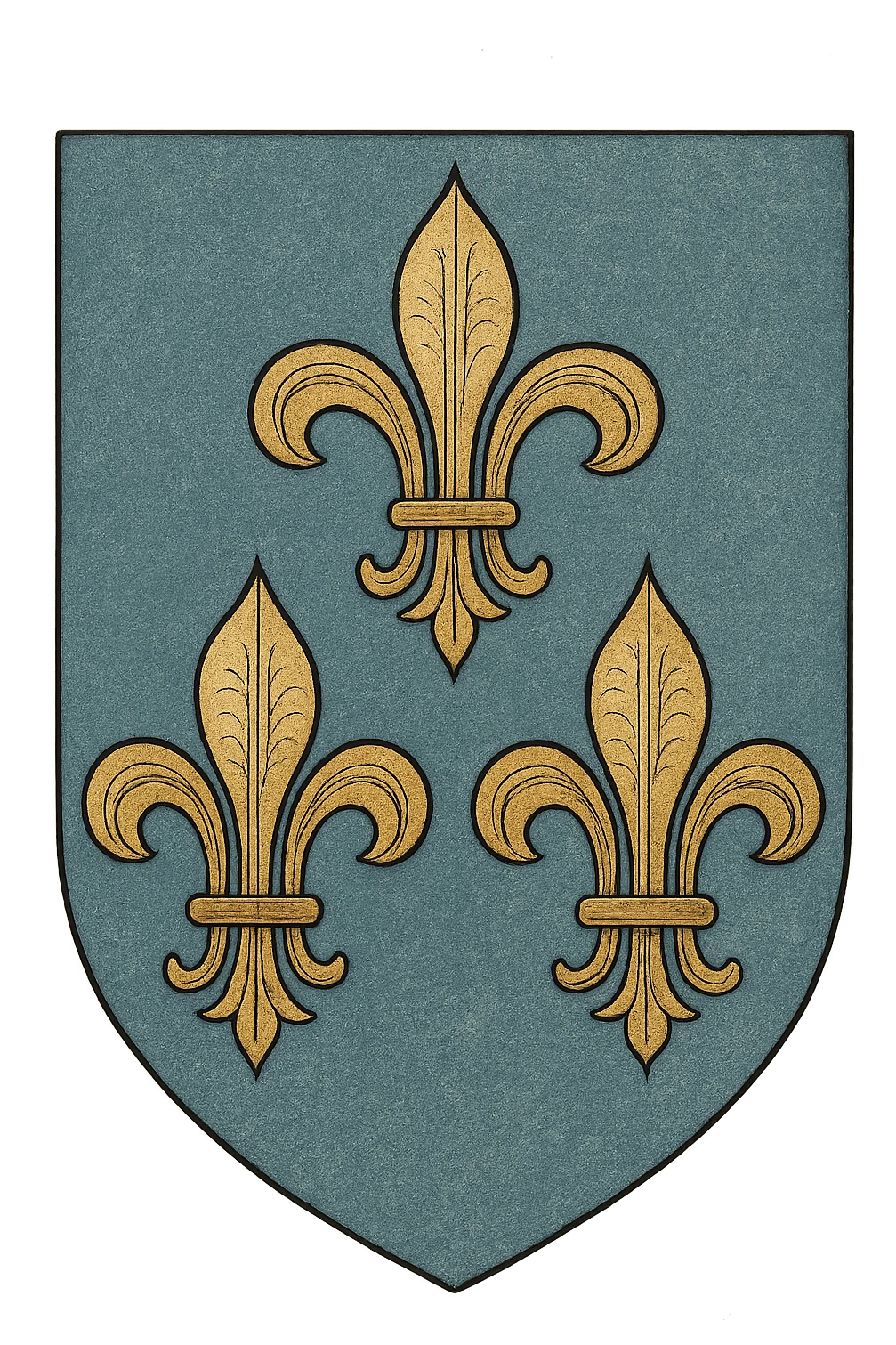 medieval heraldic blazon with blue background, three golden fleurs-de-lis arranged in a triangle, symmetrical style, finely detailed emoji