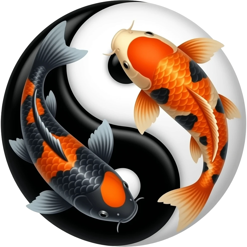 Two koi fishes in a circle like ying and yang but no background, one more black plus a bit of orange and the other the opposite emoji
