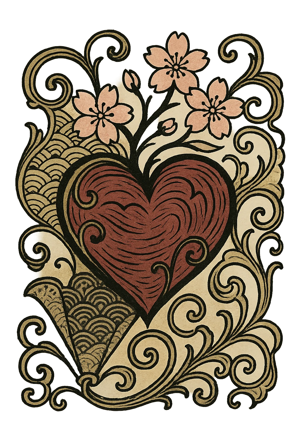 goth sakura heart, art nouveau style, flowing lines, black and pink, elegant and ornate emoji