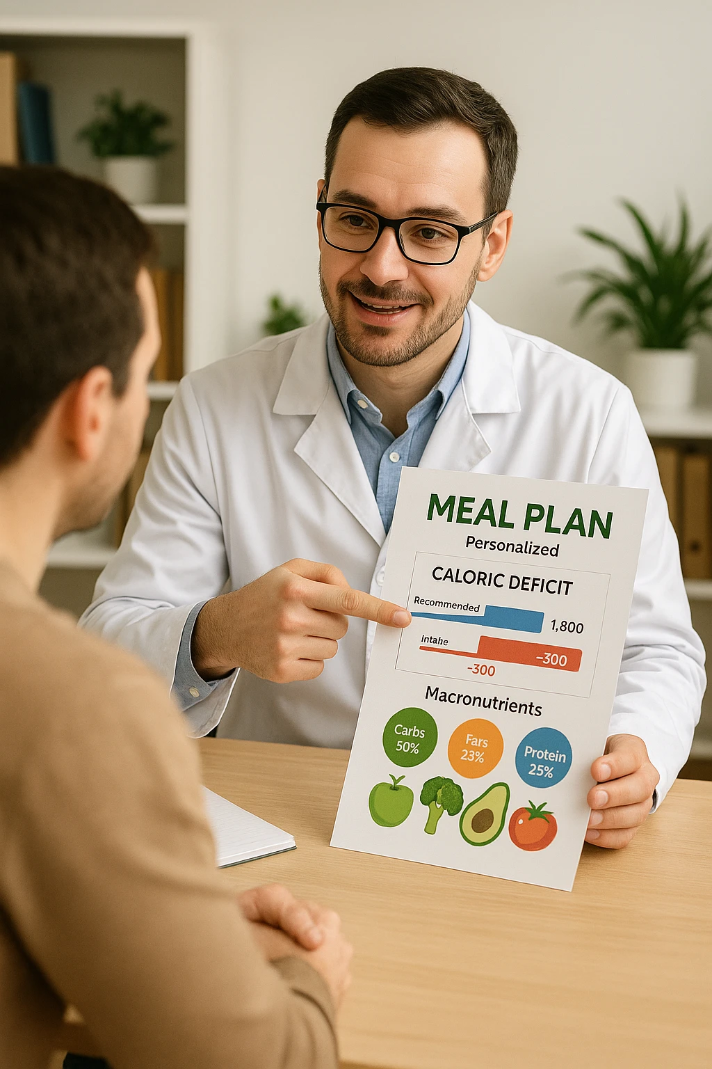 a nutritionist sits at a desk with a client, showing a personalized meal plan and a chart that clearly displays the client’s specific daily caloric deficit. The nutritionist points to the chart, which includes recommended calories, macronutrient breakdown, and healthy food options. The mood is professional, supportive, and educational. in italiano emoji