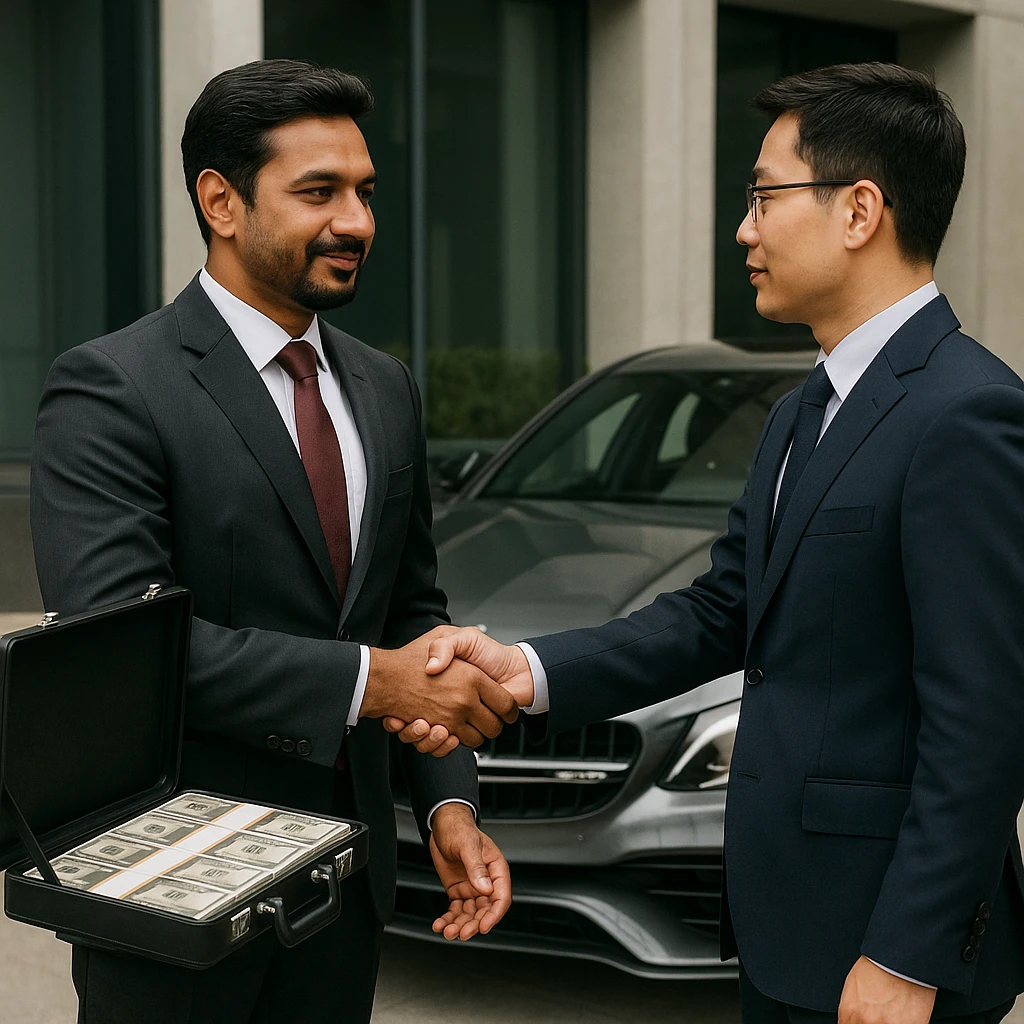 A business deal scene: a light-skinned Indian man with a goatee and a Chinese man shaking hands, the Indian man offers a briefcase of money, an AMG car is parked behind him. emoji
