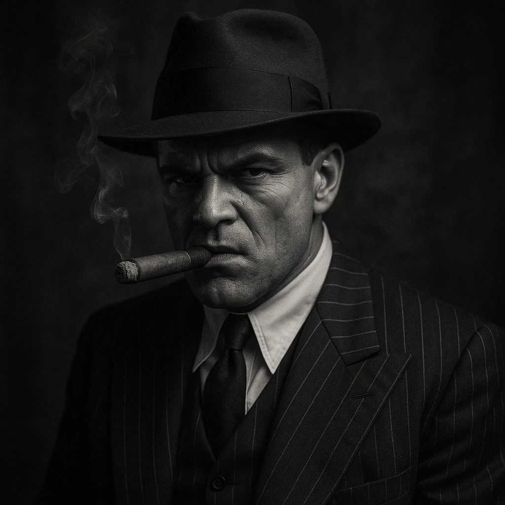 1920s Chicago mobster wearing a pinstripe suit, fedora hat, and smoking a cigar, with a tough expression, moody noir style, vintage gangster atmosphere emoji