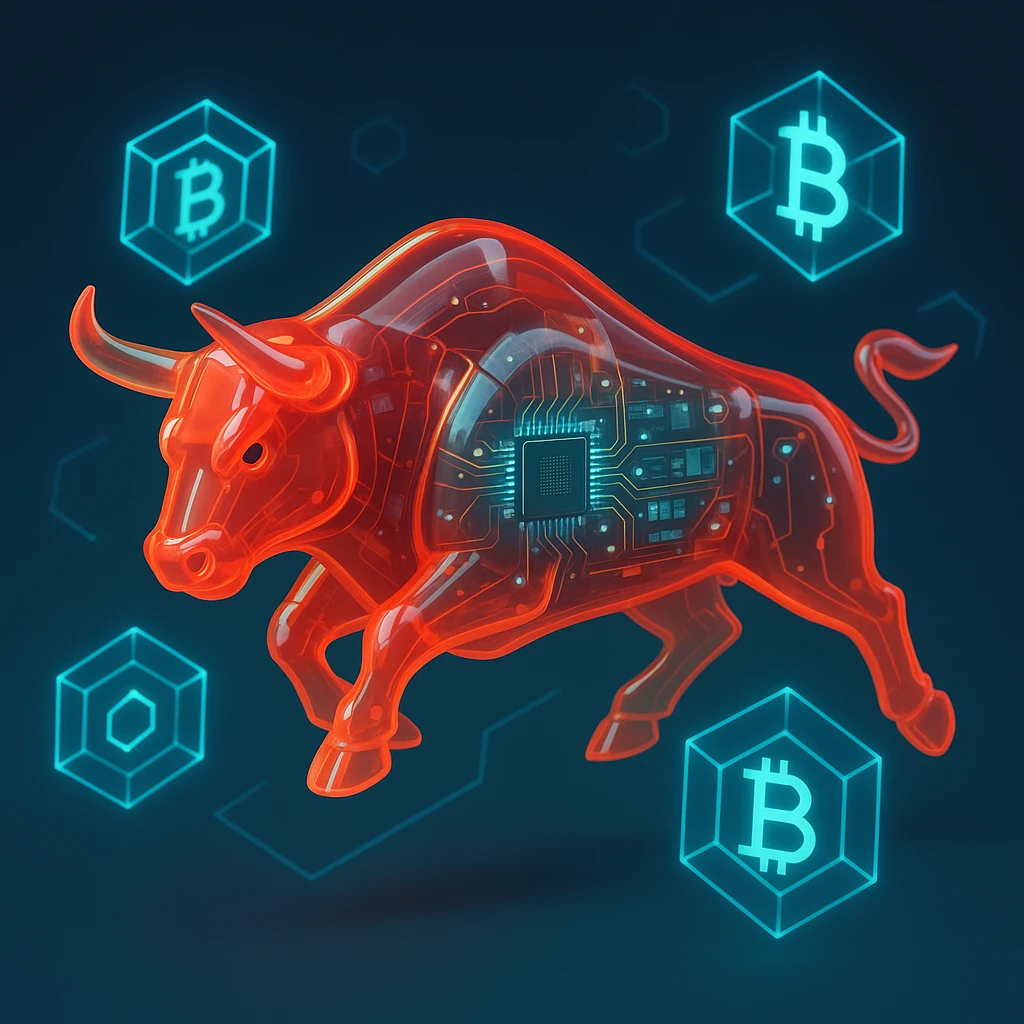 bull charging through digital blockchain symbols emoji