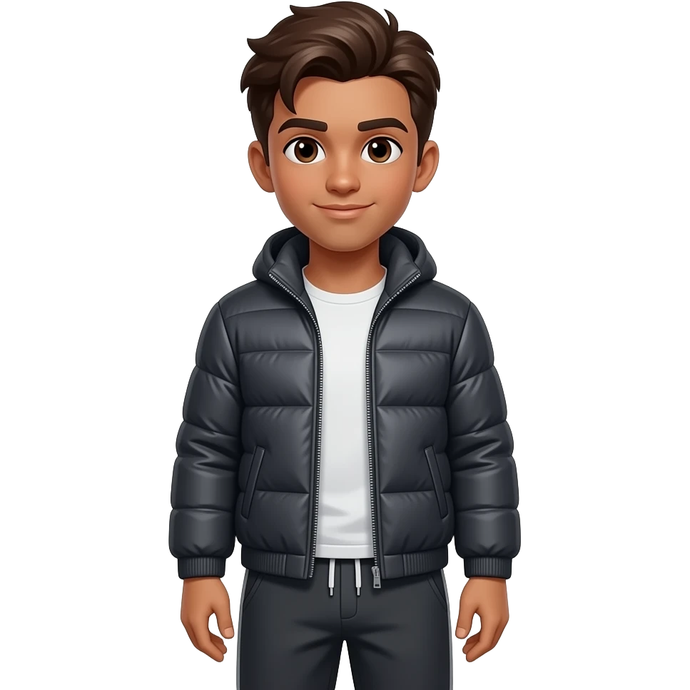 Make a gay Boy with brown skin color, brown eyes and dark Tbrown hair. He is wearing a Softshell Jacket and Sweatpants. emoji