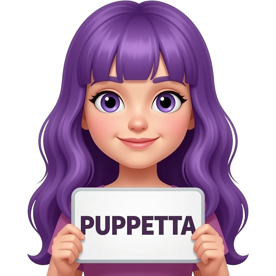 girl with long purple hair with a PUPETTA sign emoji