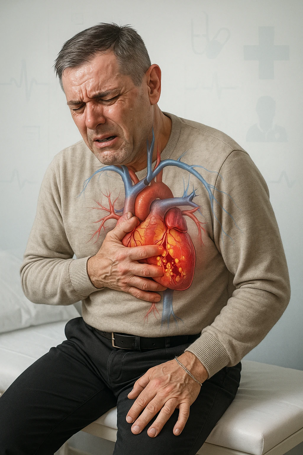 a middle-aged man sits on a bench, clutching his chest with a pained expression. His face is pale and sweaty, and his posture is hunched forward. A transparent overlay reveals his heart and major blood vessels, with highlighted areas indicating blockages or damage. The background is clean and clinical, with subtle medical icons. emoji