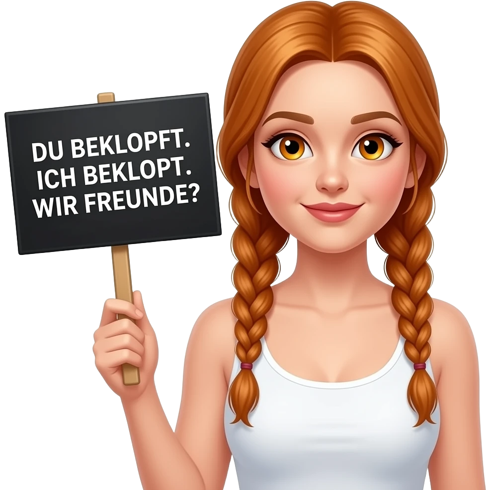 sexy girl with long ginger braids and ginger eyes wearing a white tanktop is holding a black sign with DU BEKLOPPT. ICH BEKLOPPT. WIR FREUNDE? written on it emoji