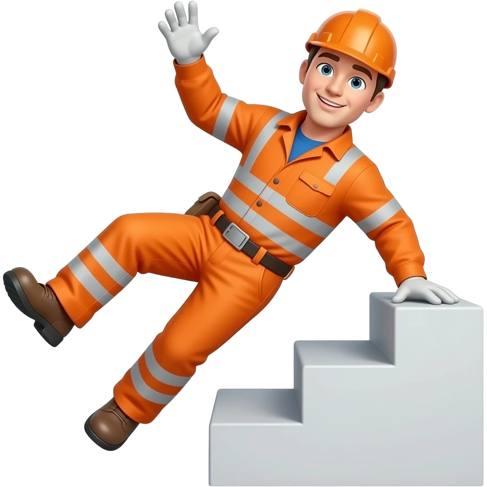 engineer in full orange hi-vis overalls falling down stairs emoji