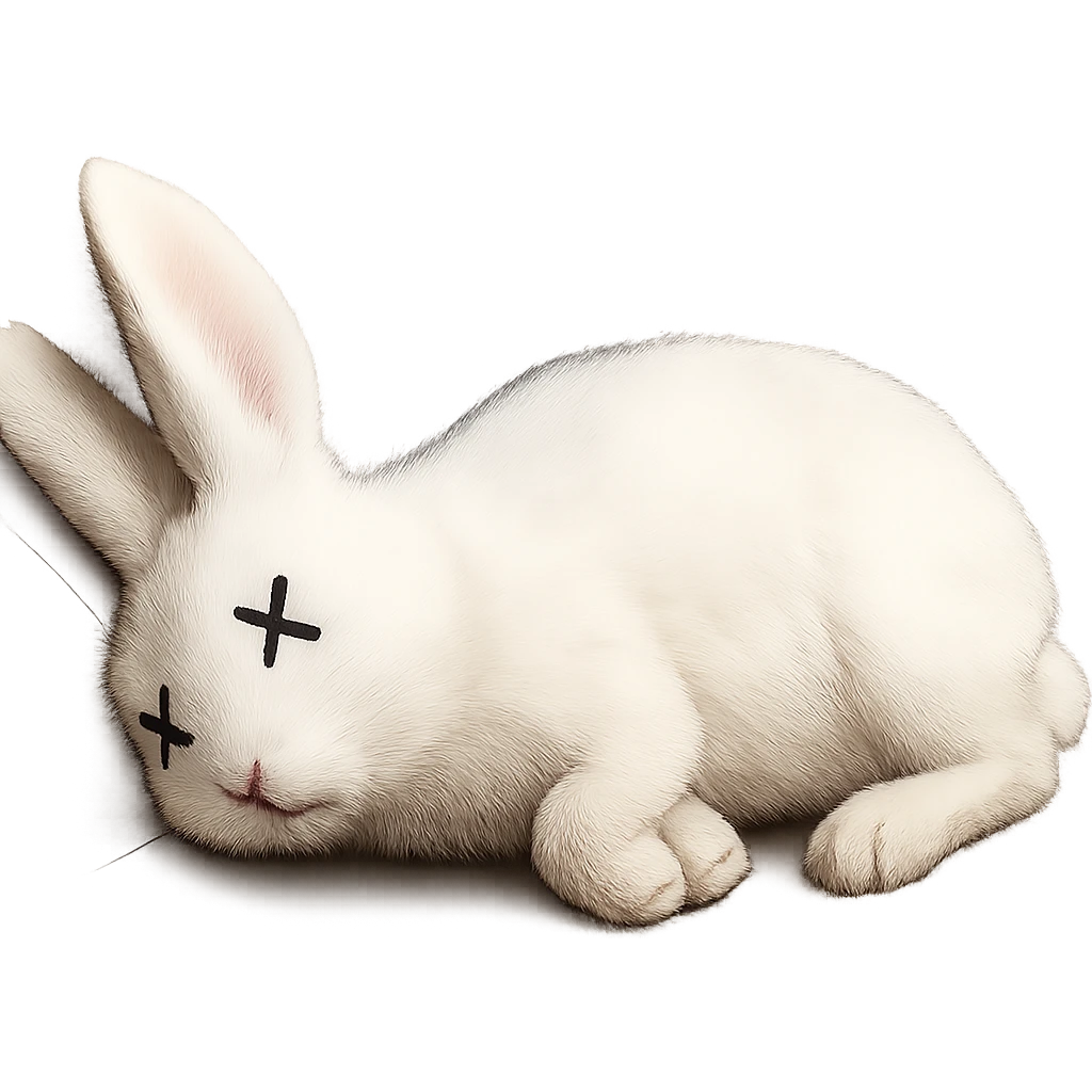 Make the rabbit appear dead, lying on its side with cartoon X's for eyes, no blood, keep the exact same photorealistic style and details, transparent background. emoji