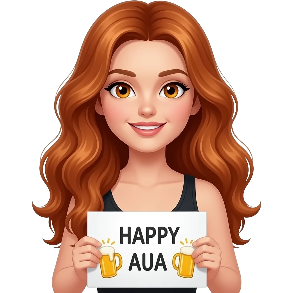 sexy girl with long wavy ginger hair and ginger eyes wearing a black tanktop is holding a white colored sign with 🍻 HAPPY AUA 🍻 written on it emoji