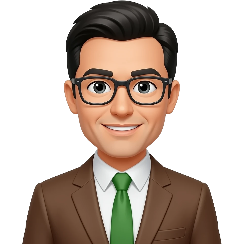 Un hombre con traje café con corbata con pelo negro y con lentes que la corbata sea verde como dafokboom emoji