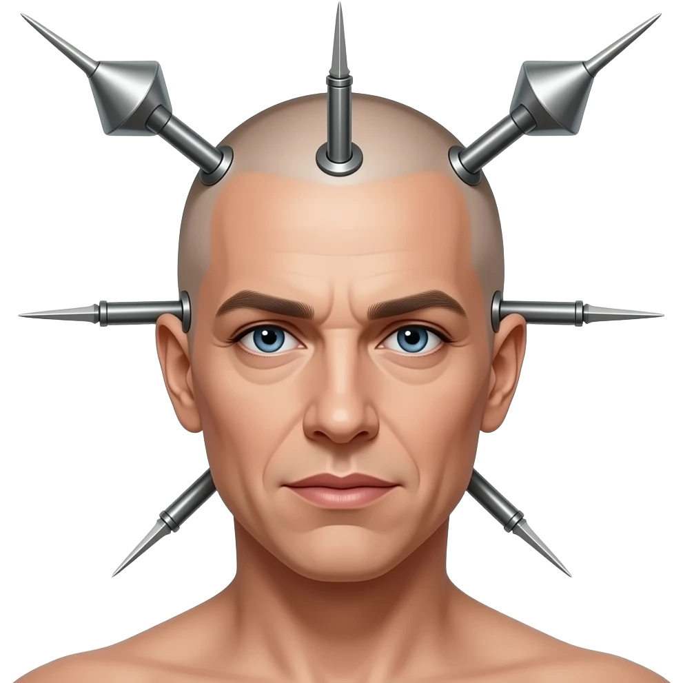 portrait of Debbie Harry shown balding in the style of HR Giger paintings, as on the cover of the album "Koo Koo", her head pierced with four large futuristic needles emoji