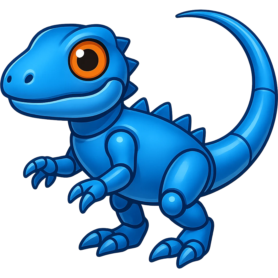 Modify the robotic lizard emoji to have two legs and two arms, keeping the shiny metallic body and expressive face, in emoji style with a transparent background. emoji