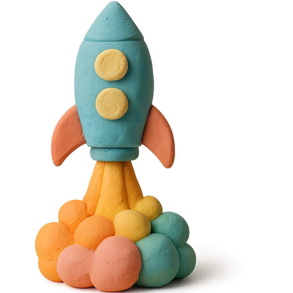 rocket ship blasting off with colorful smoke, matte finish, pastel colors, visible fingerprints, claymation style emoji