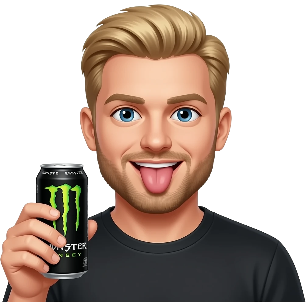 Dirty blonde with massive forehead Kyle with a monster energy drink  sticking his tongue out emoji