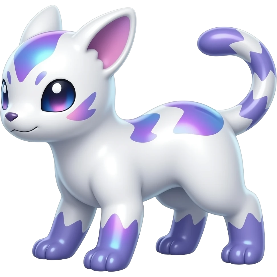 Shiny iridescent glossy oily smooth silky soft White with indigo-Violet-purple-pinkish-gradient markings beautiful handsome gorgeous aesthetic colorful vibrant Vernid-Trico-species-Fakemon-creature by LiLaiRa, 4 legs, 1 tail, random markings, (full body) emoji
