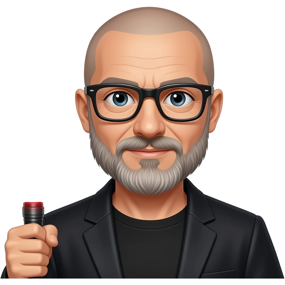 skinhead man with longer greyish beard black glasses holding a visible red lightsaber emoji