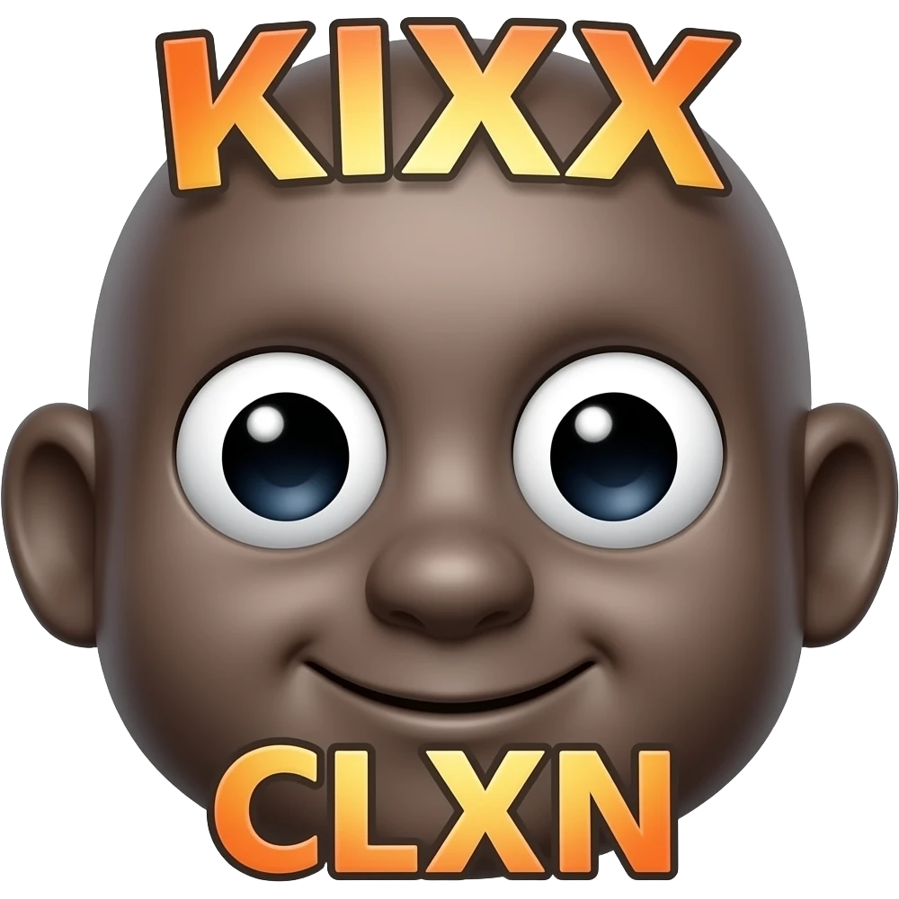 Make a dark emoji with the inscription "KIXX" on top and the inscription "CLXN" on the bottom emoji