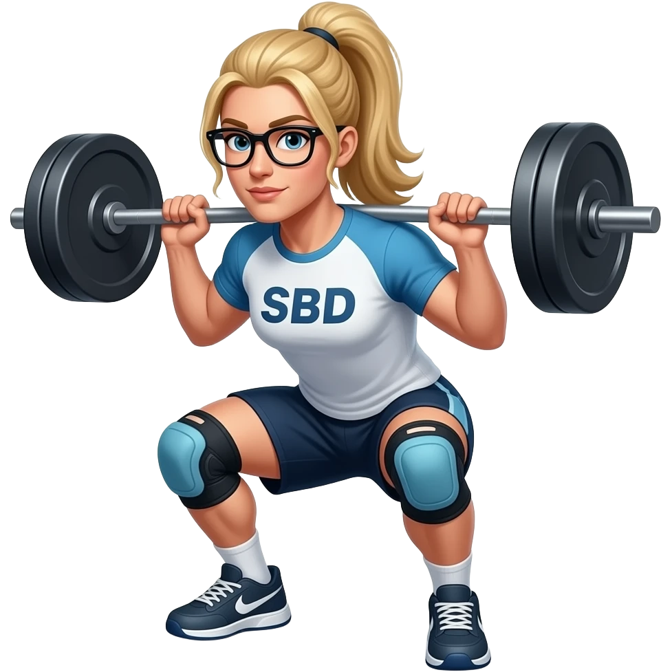 blond long hair female with glasses and pony tale doing squats with a barbell wearing sbd tshirt and shorts, knee sleves emoji