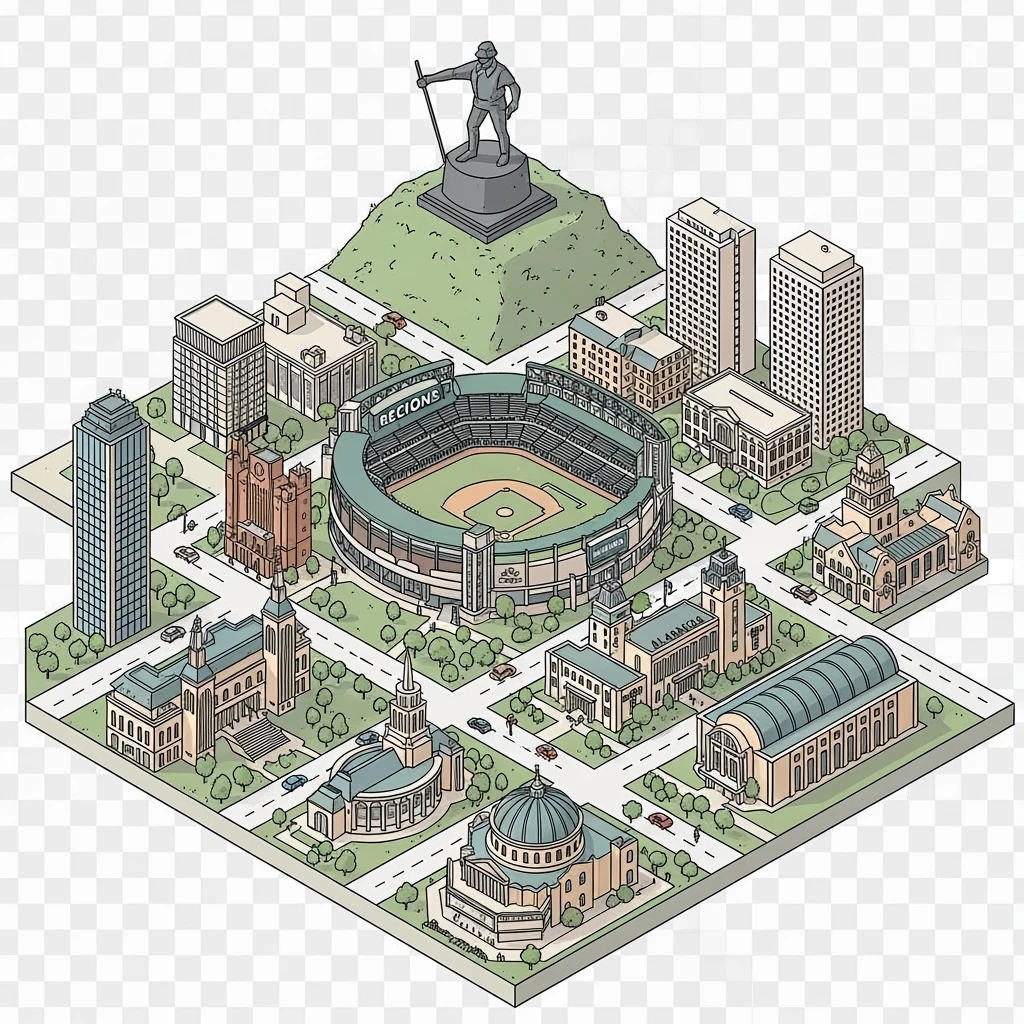Isometric illustration of the Birmingham with iconic cities landmark, miniature slightly hand-drawn style, transparent background. emoji