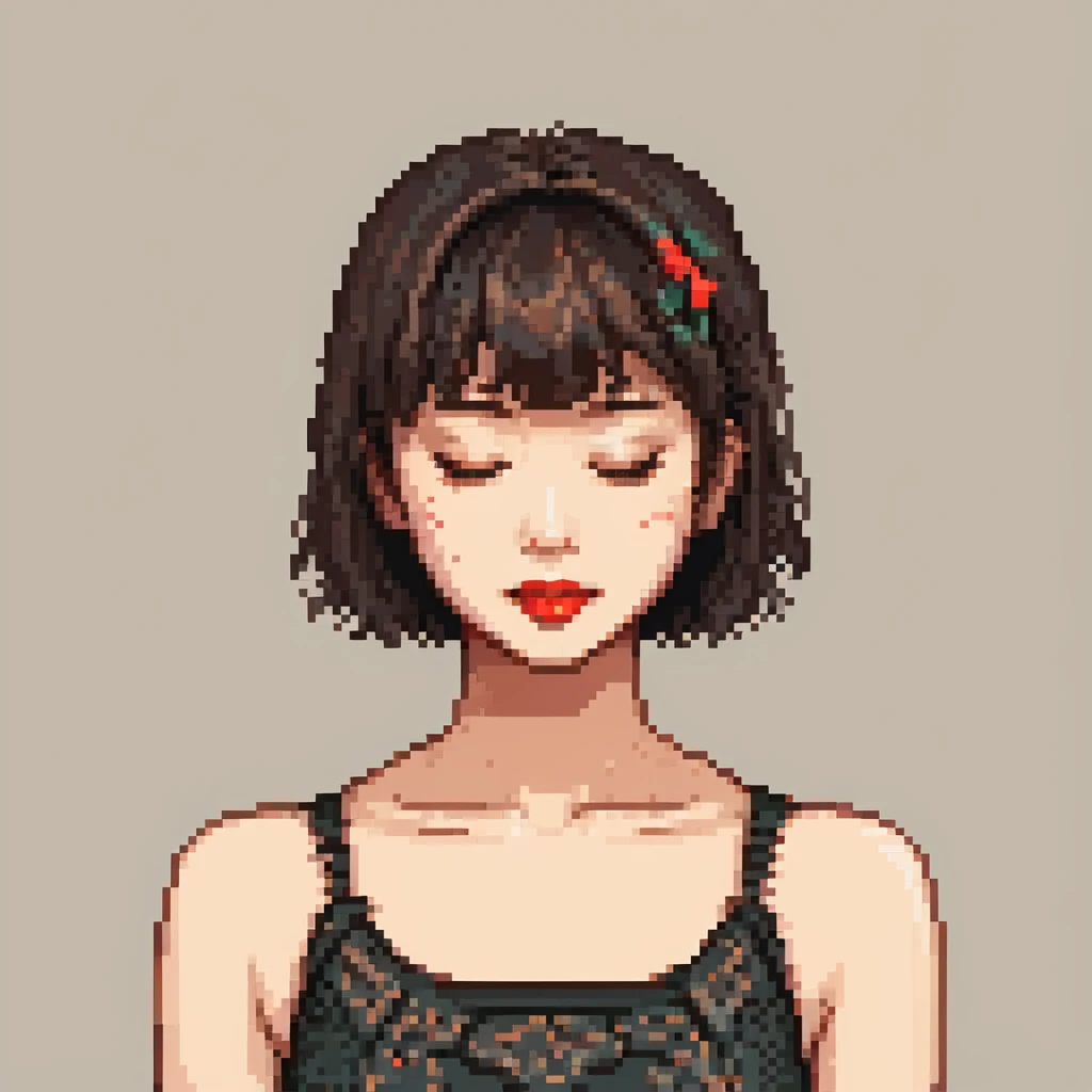 A young Asian woman with short, dark brown hair with bangs, neutral facial expression, closed eyes, vibrant red lips, light beige skin tone, close-up portrait, plain white background, cartoon-like and stylized, bright and saturated colors, even and flat lighting, neutral atmosphere, pixel art style. emoji