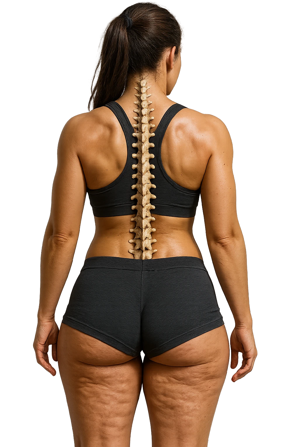 donna fitness di spalle in gym shorts con la cellulite sulle cosce, spina dorsale anatomica in evidenza, iperrealistica 4k emoji