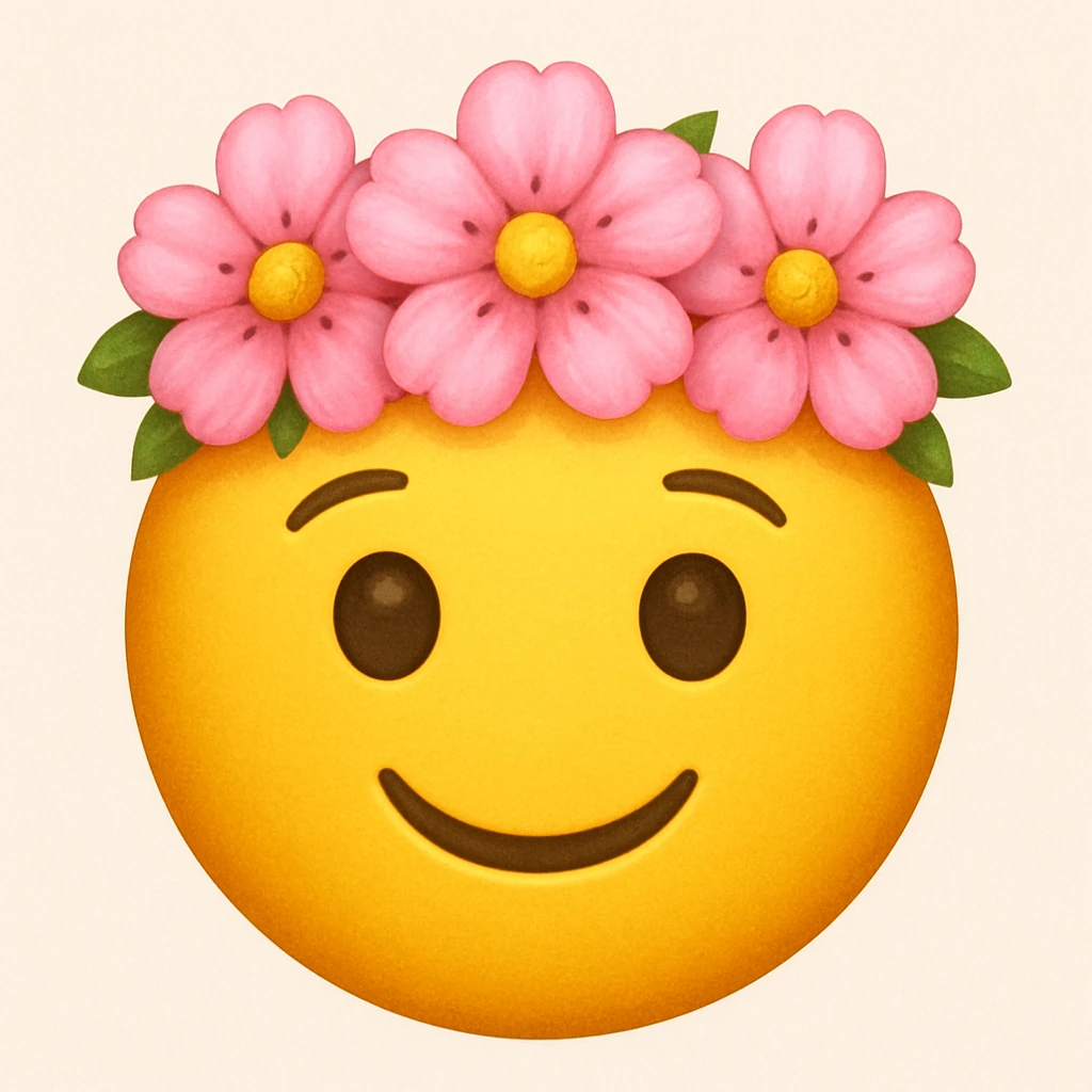yellow face with pink flower crown emoji, digital illustration emoji