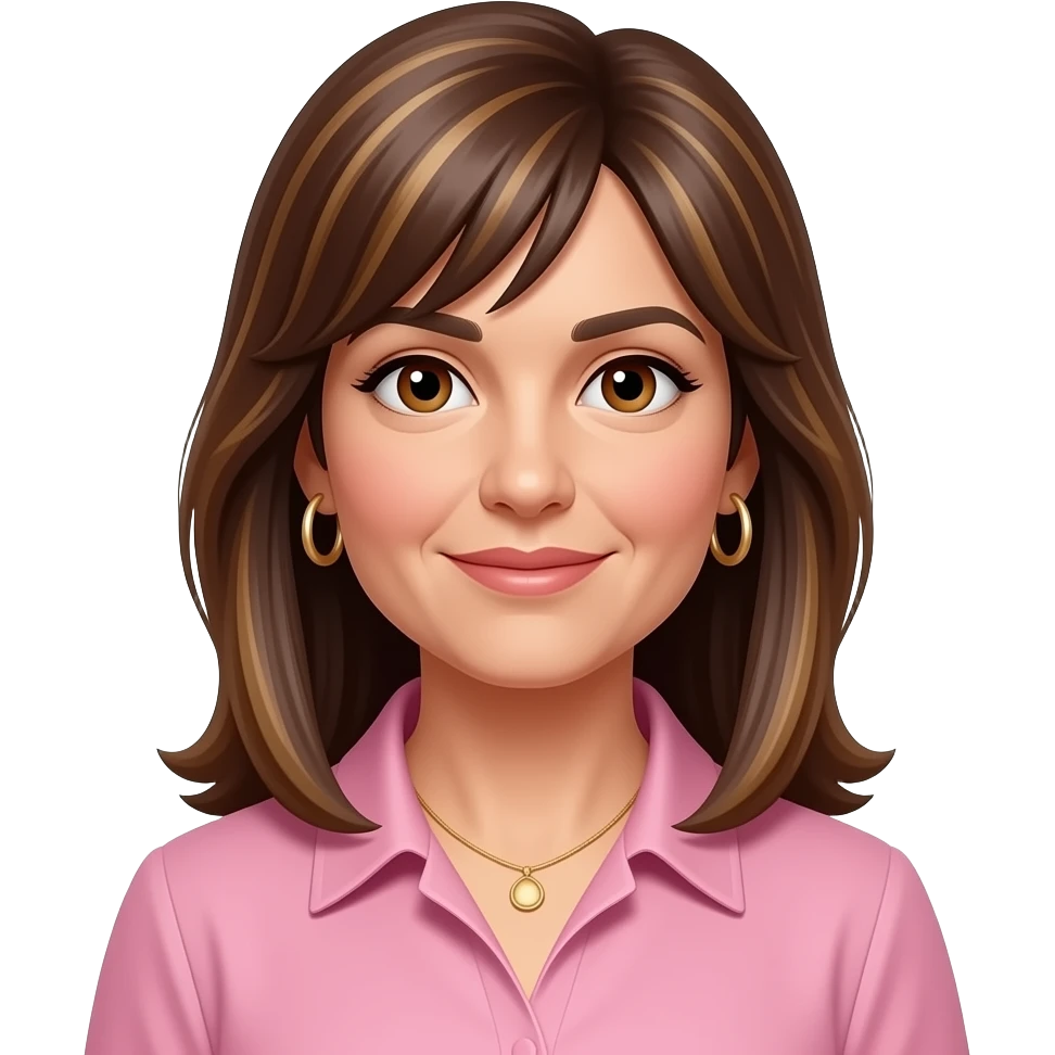 woman in 40s  ,italian looking with brown long straight highlighed hair all one length with just a bit of layering at the front, pink formal shirt with collar, wearing hoop earrings and necklace, brown eyes, hoop earrings and necklace emoji