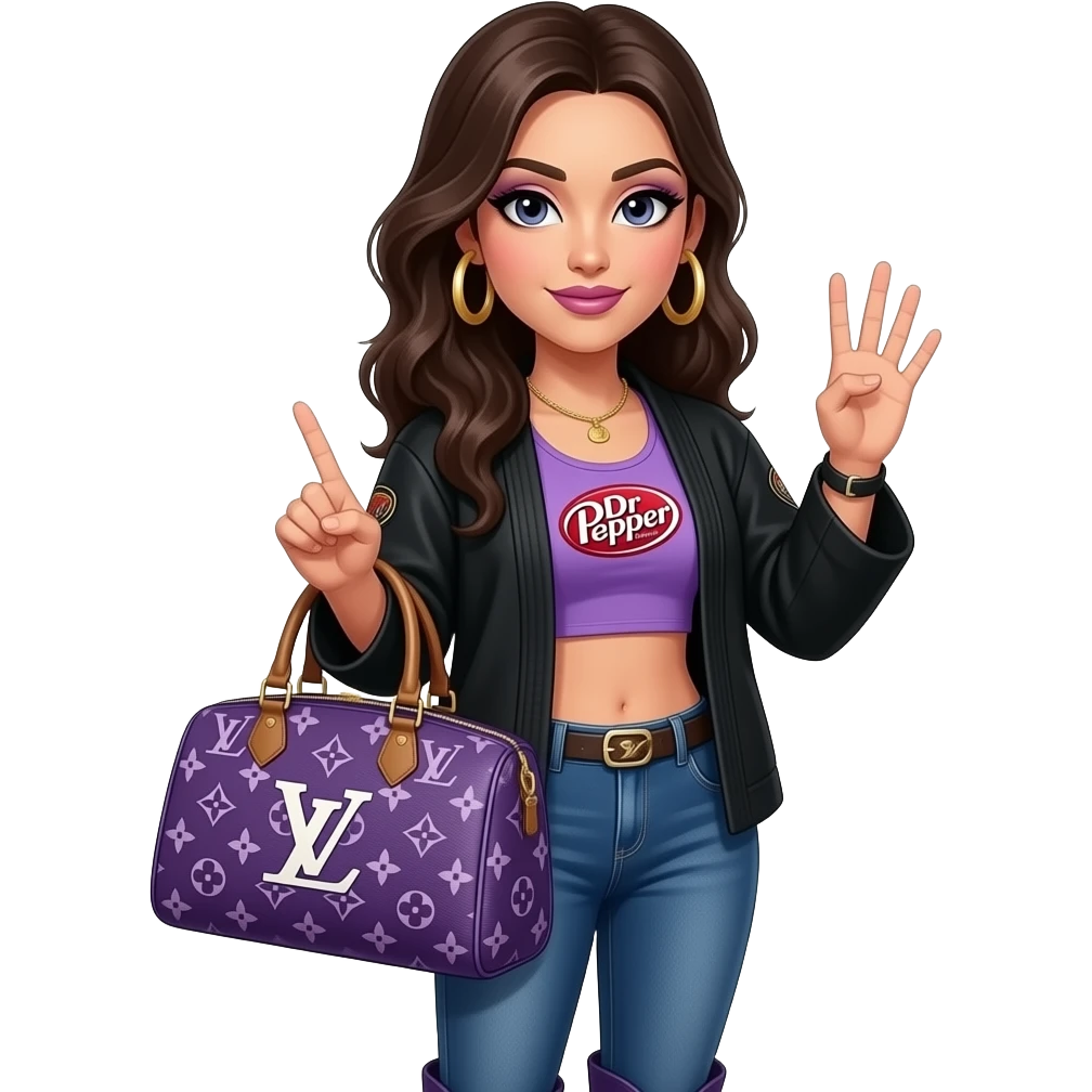 Black gi a big purple Louis Vuitton bag in a purple crop top that says Dr Pepper on it with nice tight jeans, bespoke, wranglers, big golden hoop, earrings, five fingers, one holding one hand holding up a one and the other hand holding up a three full face of makeup that is cute and baddie style emoji