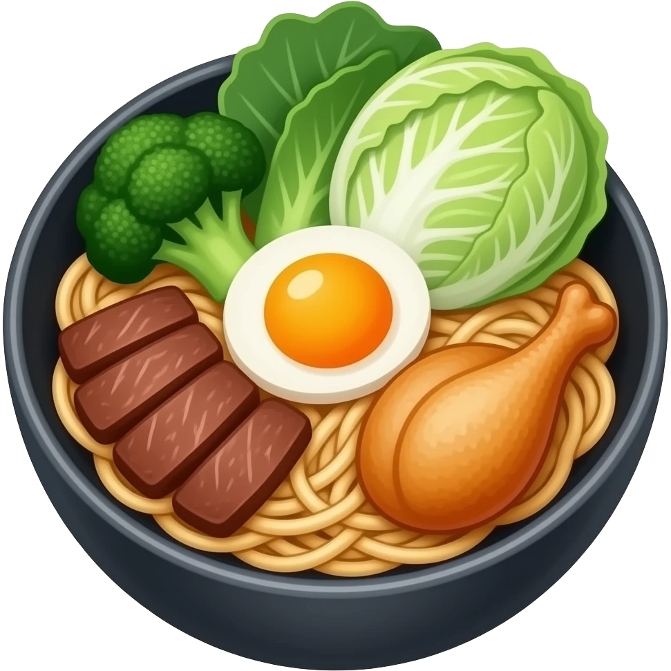 Crie um emoji de yakisoba. E ele terá brócolis, Repolho branco ,carne de gado e frango. emoji