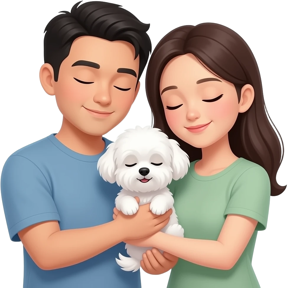 An emoji depicting a stylish Asian couple with faint smiles, peacefully closing their eyes while cradling a small white Maltese with both arms; both individuals and the puppy have their eyes shut, with their heads slightly tilted toward the center in a serene embrace. emoji