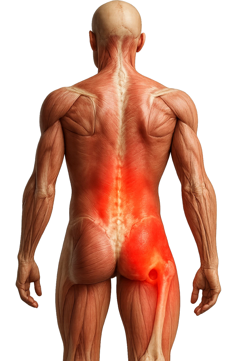 CORPO UMANO ANATOMICO REALISTICO DI SPALLE CON DOLORE ALLA LOMBARE INFIAMMATA, DOLORE ALL'ANCA, IPERREALISTICO 4K emoji