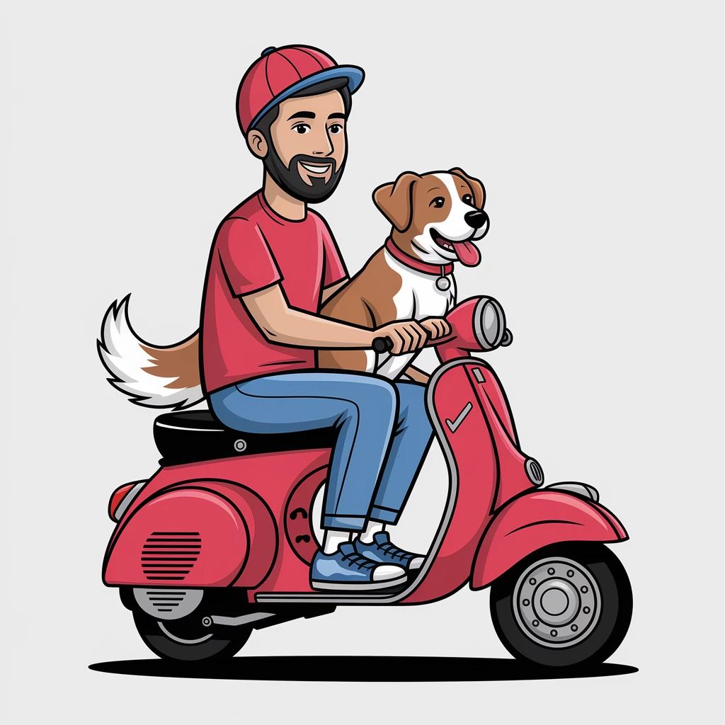 vector art of a man and his pet dog riding a vespa, for website design emoji