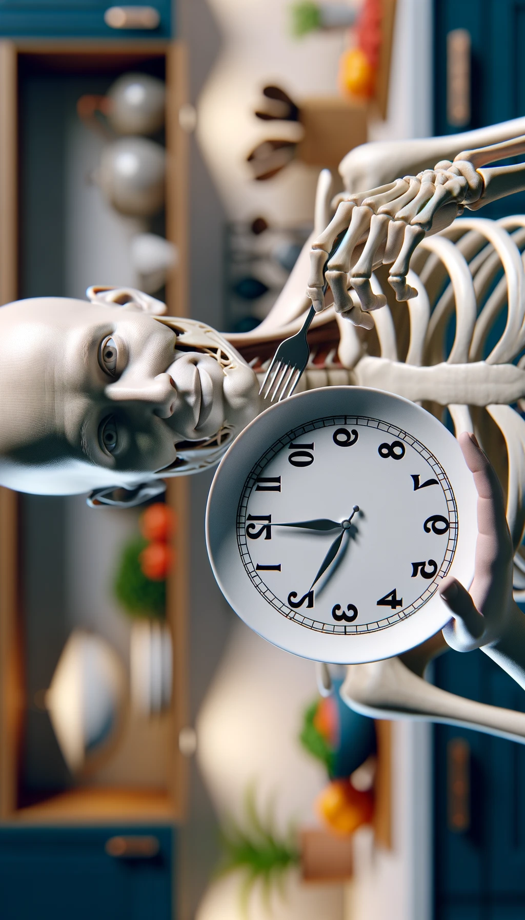 corpo umano anatomico, che tiene in mano un piatto bianco con la lancette di un orologio sopra, figura visibile fino ai fianchi, espressione del volto soddisfatta, sullo sfondo la sua cucina sfocata, iperrealistico 4k emoji