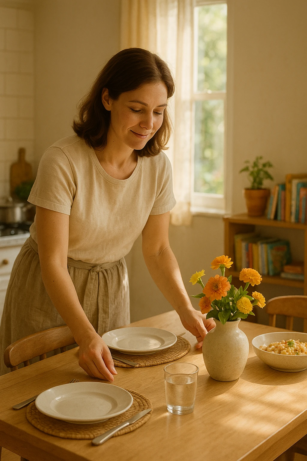 "Donna tra i 30 e i 40 anni, all’interno della sua casa luminosa, mentre prepara la tavola o accudisce i figli con un’espressione dolce e serena. Indossa abiti semplici e curati, simbolo di cura e presenza. Sullo sfondo si vedono dettagli di una casa armoniosa: fiori freschi, libri per bambini, un pranzo in preparazione. La scena trasmette calore, dedizione e stabilità familiare. Elementi visivi di supporto: luce solare che entra dalla finestra, atmosfera calda e rassicurante. Stile realistico con toni caldi e tenui emoji