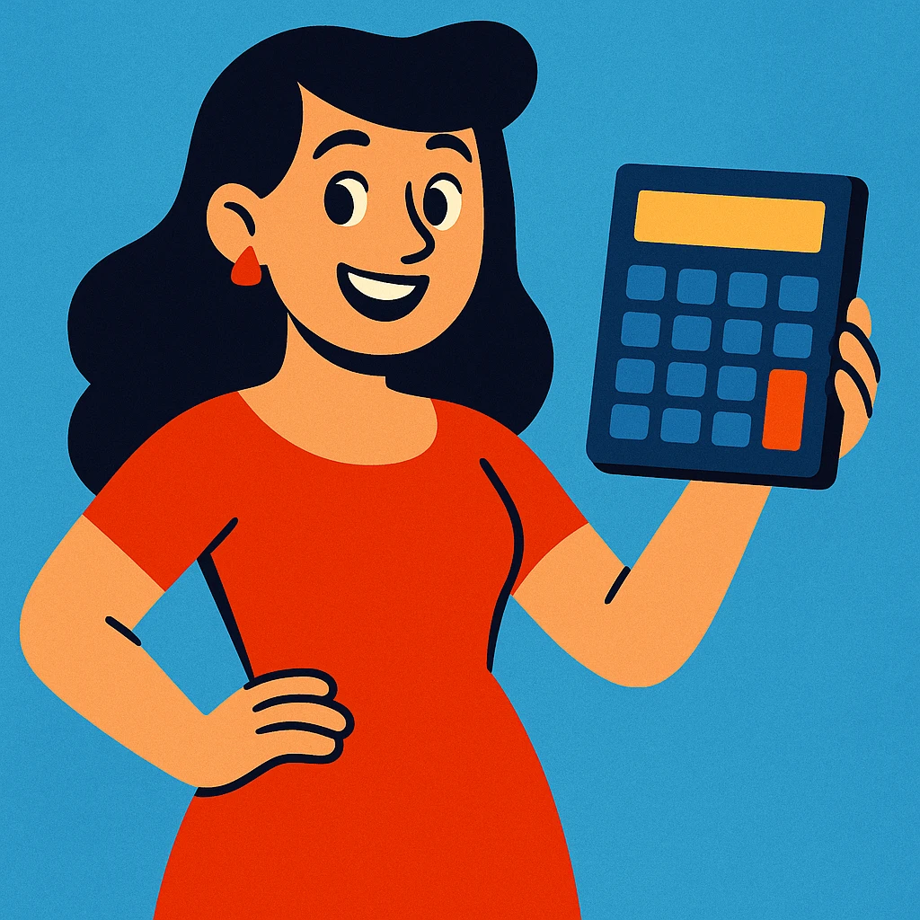 woman in a red dress holding a calculator, vibrant and clear emoji